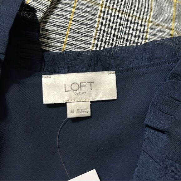 LOFT M Navy Chiffon Ruffle Neck Back V-Neck Sheer Sleeve Peplum Blouse - Picture 13 of 14